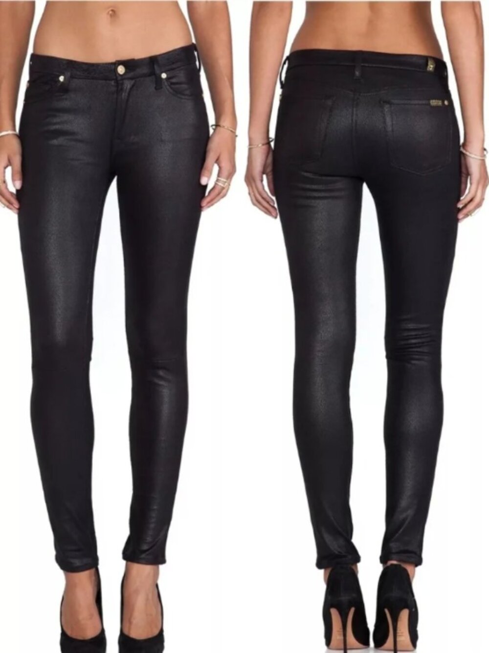 7FAM Black Faux Leather Coated Skinny Jeans Gold Hardware Gold Shimmer Size 27